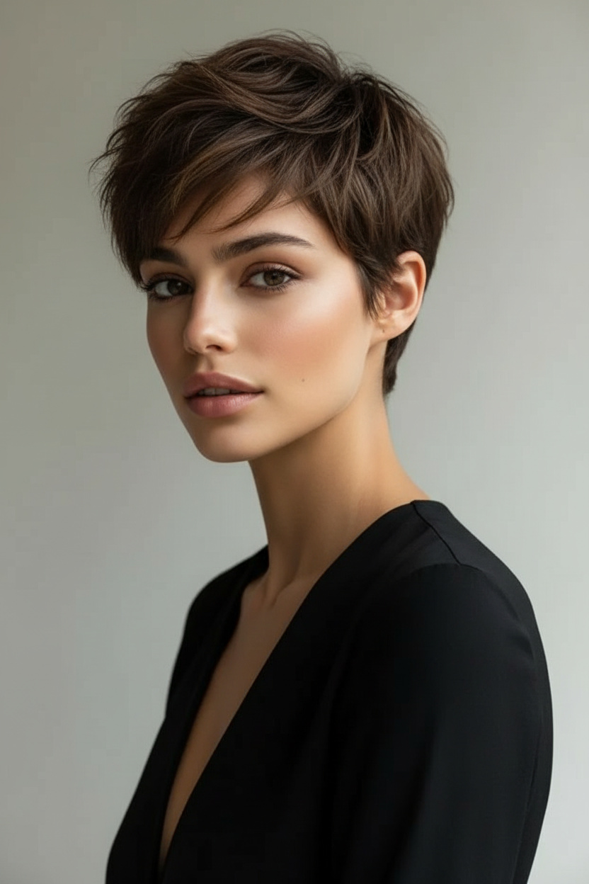 Woman close-up upper body portrait with natural black soft shag pixie haircut, textured layers, pearl earrings, relaxed summer fashion outfit, minimalist white background, calm expression, front angle.
