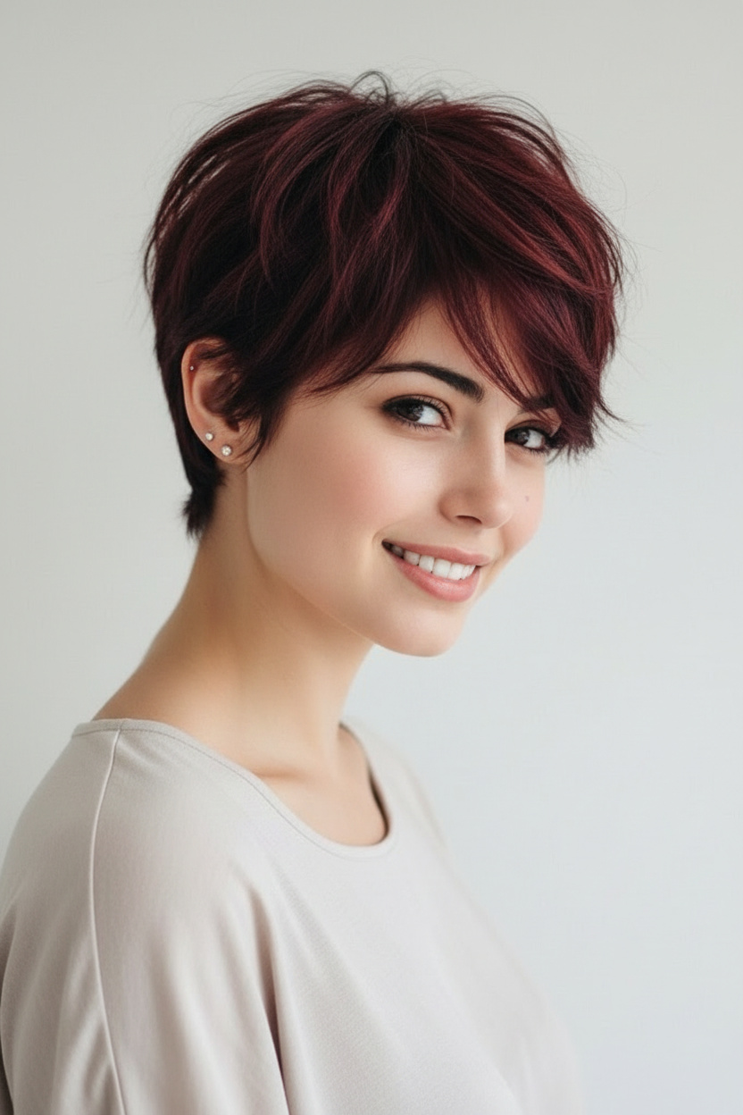 Woman upper body close-up wearing low maintenance soft shag pixie haircut, natural hair texture, small earrings, relaxed summer outfit, simple background, natural facial expression, casual standing pose.