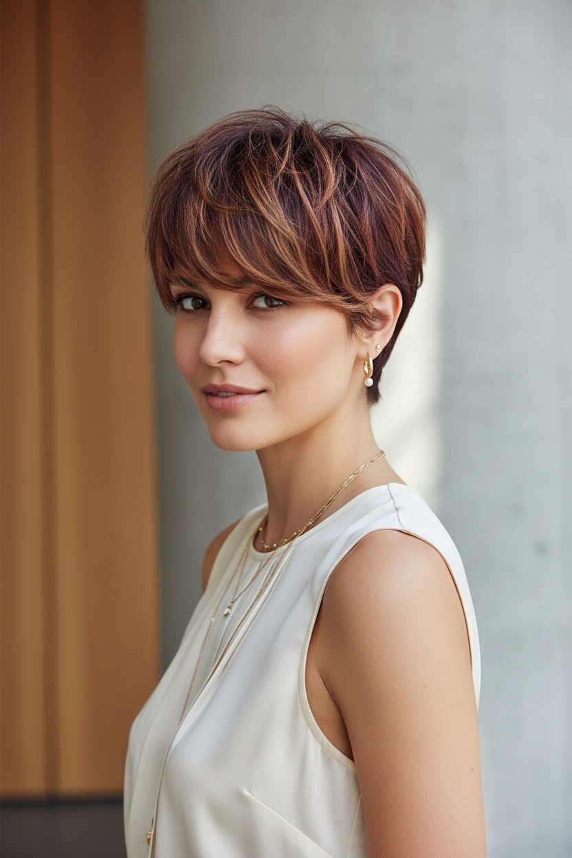 Upper body close-up portrait of stylish woman with modern soft shag pixie haircut, dimensional hair color, elegant earrings, summer casual outfit, minimalist luxury environment, confident expression, natural posture, front three-quarter perspective.