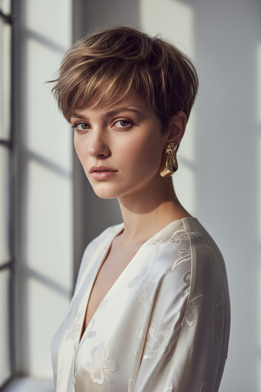 Fashion editorial portrait of woman with luxury soft shag pixie haircut, textured layers, designer style earrings, elegant summer outfit, minimalist studio background, sophisticated expression, cinematic angle.