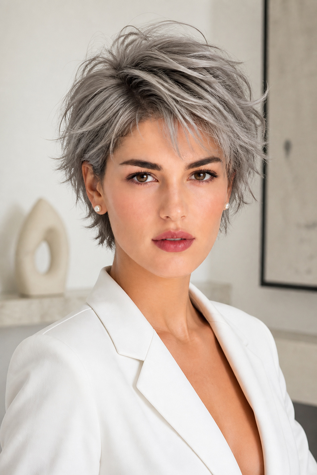 Oberkörper-Nahaufnahme einer eleganten Frau mit silber-grauem, shaggy edgy Pixie Haarschnitt, gefiederten Schichten, texturiertem Volumen und sanfter Bewegung. Trägt kleine Perlenohrringe und einen modernen weißen Sommer-Blazer. Minimaler Luxus-Innenraumhintergrund, entspannter, selbstbewusster Ausdruck, Drei-Viertel-Kamerawinkel, Editorial-Modeporträt.
