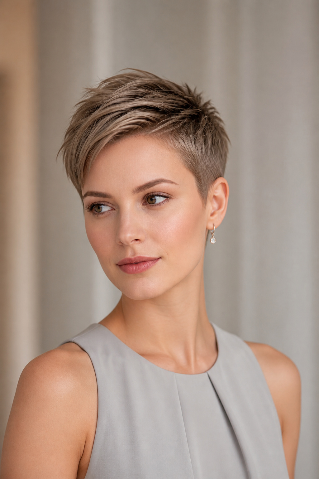 Oberkörper-Porträt einer Frau mit aschbraunem, weichem edgy Pixie Cut, subtiler Schichttextur, natürlichem Volumen und eleganter Kurzhaarform. Trägt zarte Ohrringe und ein minimalistisches graues Sommer-Outfit. Neutraler Luxus-Hintergrund, ruhiger, selbstbewusster Ausdruck, Drei-Viertel-Ansicht-Kamerawinkel, Premium-Beauty-Editorial-Stil.