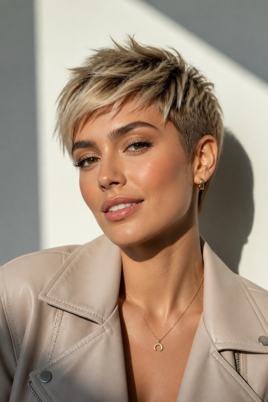 Frau mit unordentlichem blondem edgy Pixie Haarschnitt mit luftigen Schichten, natürlichem Volumen und müheloser Textur. Trägt minimalistische Ohrringe und eine trendige Sommer-Lederjacke. Heller, moderner Studiohintergrund, entspanntes Lächeln, leicht gedrehte Körperhaltung, filmischer Modefotografie-Winkel.