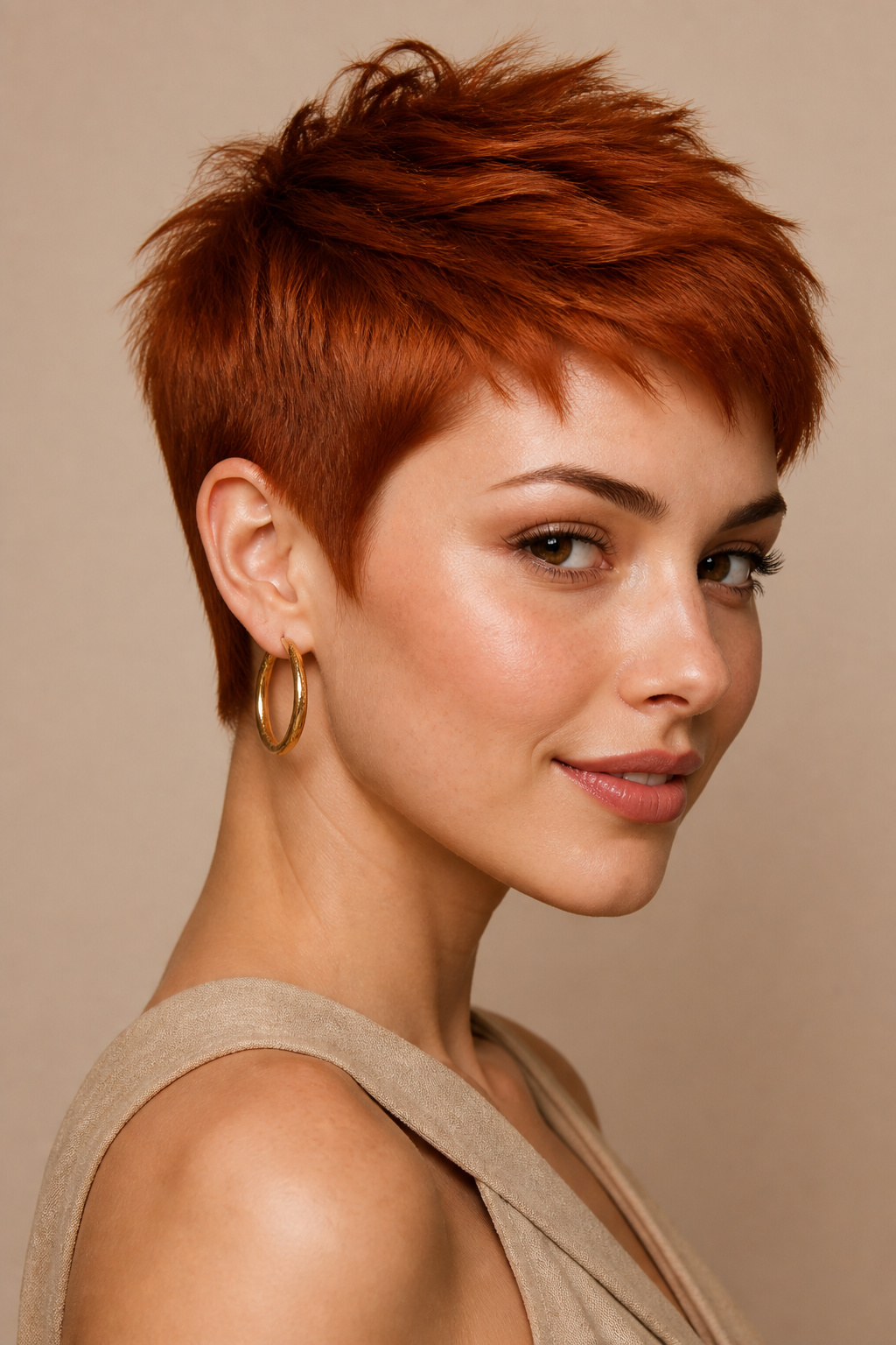Oberkörper-Nahaufnahme einer Frau mit kupferrotem edgy Pixie Cut, dimensionaler Schichttextur, weichen Spitzen und modernem Kurzhaarschnitt-Design. Trägt elegante Creolen und beige Sommer-Modekleidung. Minimalistische warme Studio-Umgebung, verspieltes, selbstbewusstes Lächeln, Seitenprofil-Kamerablick, zeitgenössischer Haar-Magazin-Stil.