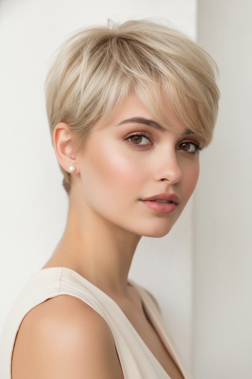 Upper body close-up portrait of a woman wearing a champagne blonde French pixie cut hairstyle with soft layered texture, natural volume, and elegant face-framing pieces. She wears delicate pearl earrings and a cream summer fashion outfit. Minimalist bright studio background, gentle confident expression, looking slightly toward the camera, luxury Parisian hairstyle editorial photography.