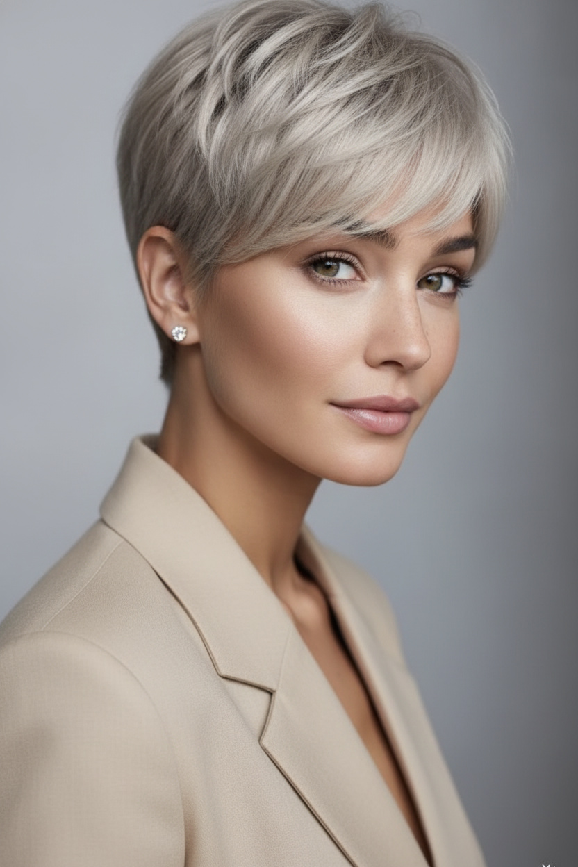Upper body hairstyle portrait of an elegant woman with silver beige French pixie haircut, soft textured layers, natural movement, and refined short hair shape. Wearing diamond stud earrings and a modern beige summer blazer. Minimal neutral studio background, confident relaxed expression, side three-quarter view, premium beauty editorial style.