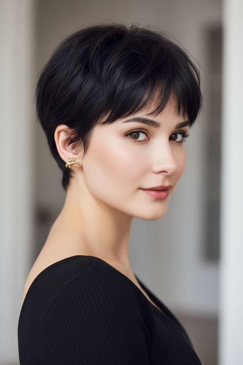 Luxury fashion portrait of a woman with black French pixie cut hairstyle, sleek texture, polished layers, and elegant short hair silhouette. Wearing minimalist gold earrings and a black summer fashion outfit. Clean architectural background, confident expression, direct eye contact, high-end editorial photography.