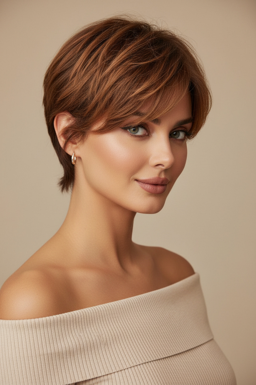 Woman with caramel brown French pixie haircut featuring dimensional highlights, soft volume, and natural texture. Wearing delicate hoop earrings and a modern summer beige outfit. Minimal warm studio setting, gentle smile, slightly turned body pose, fashion magazine photography angle.