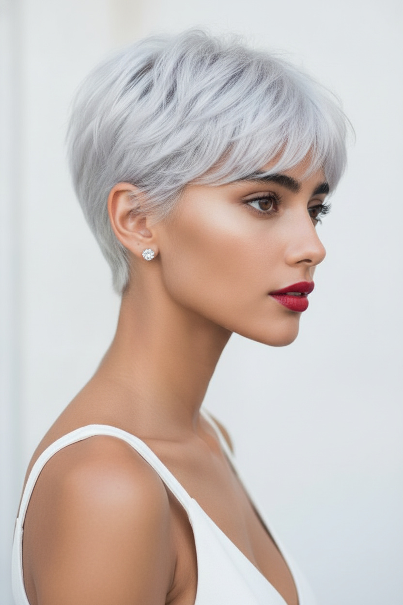 Upper body close-up of a woman with icy platinum French pixie cut, textured layers, modern short haircut structure, and soft styling. Wearing crystal earrings and a white summer fashion top. Minimal bright background, elegant serious expression, side profile camera view, luxury hair editorial style.