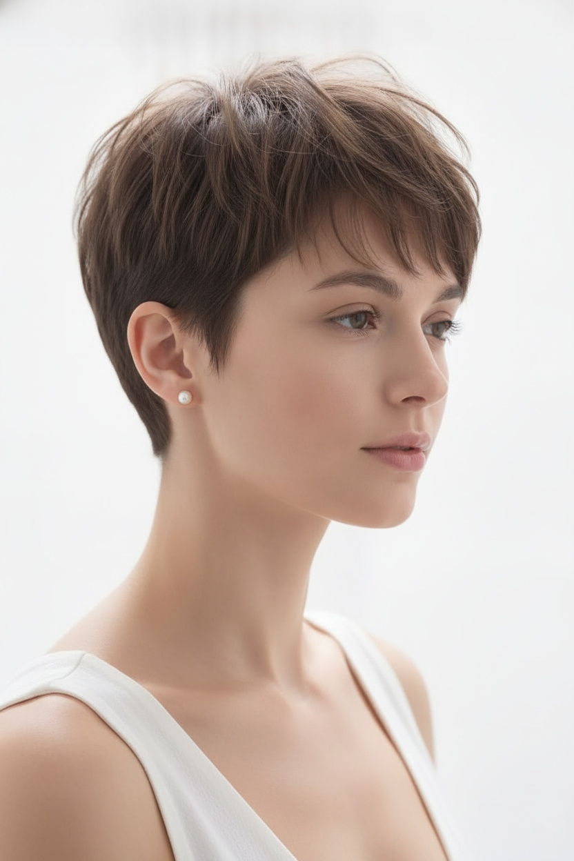 Minimalist beauty portrait of a woman with soft French pixie haircut, natural layers, subtle texture, and elegant short hairstyle. Wearing tiny pearl earrings and a simple white summer outfit. Clean studio background, peaceful expression, looking away from camera, editorial lifestyle photography.