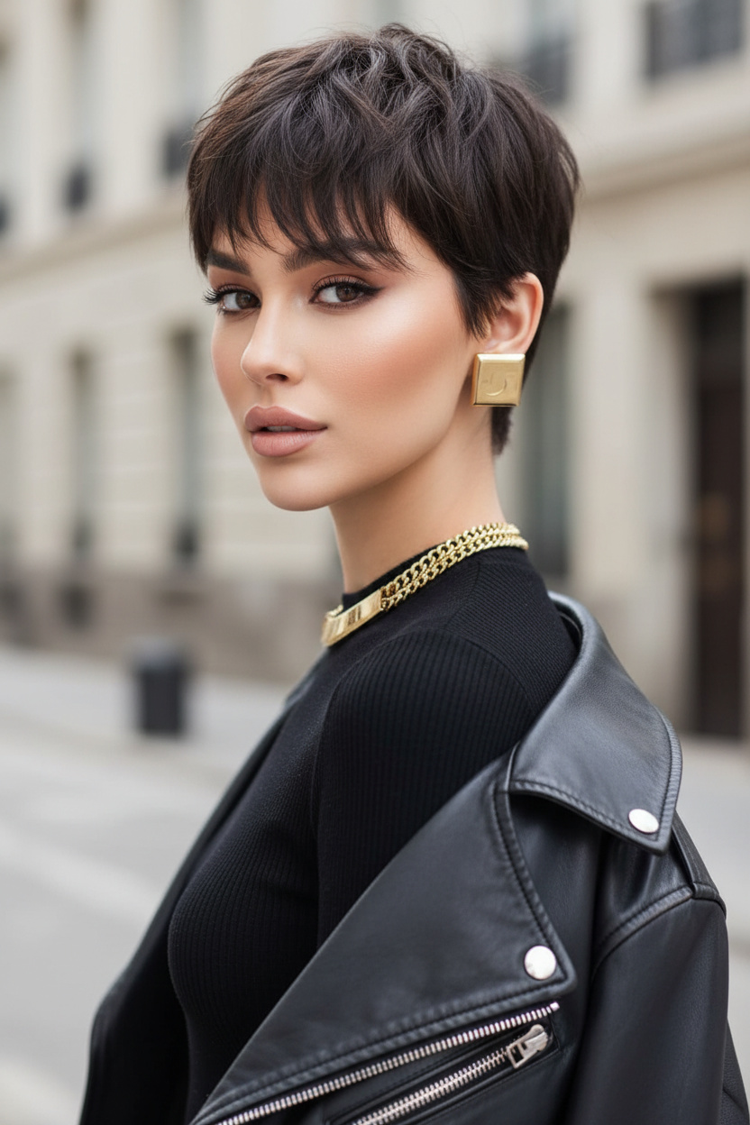 Fashion portrait of woman with tousled French pixie cut, messy soft layers, natural movement, and casual Parisian style. Wearing statement earrings and a trendy summer leather jacket. Minimal urban background, playful confident expression, three-quarter view photography.