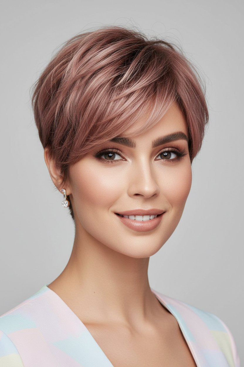 Woman with rose gold highlighted French pixie cut, soft dimensional color, layered texture, and elegant short hairstyle. Wearing delicate earrings and a fashionable pastel summer outfit. Minimal luxury background, warm smile, direct camera view, premium beauty photography.