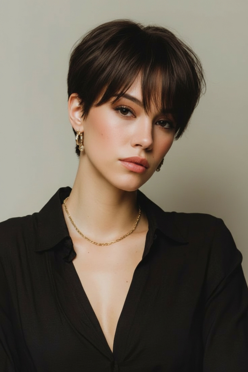 Elegant woman wearing modern French pixie haircut with side swept layers, soft volume, and polished texture. Wearing luxury earrings and a fashionable summer blazer. Minimal studio environment, confident expression, looking slightly sideways, editorial fashion perspective.