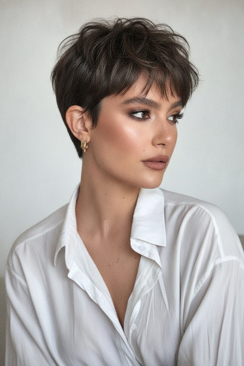 Luxury editorial portrait of a woman with refined French pixie cut hairstyle, elegant layers, natural texture, and sophisticated short hair silhouette. Wearing statement earrings and avant-garde summer fashion clothing. Minimal luxury studio setting, powerful confident expression, looking away from camera, cinematic fashion photography.