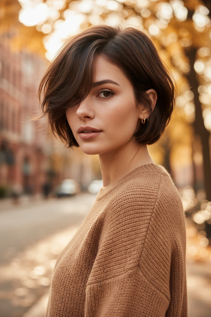 Upper-body close-up of a woman in a relaxed three-quarter pose, face turned slightly toward the camera, wearing a soft brunette side-part bixie haircut with airy feathered layers and a sweeping side fringe, styled with a camel knit sweater and delicate gold earrings, against a warm autumn city street with softly blurred golden leaves.