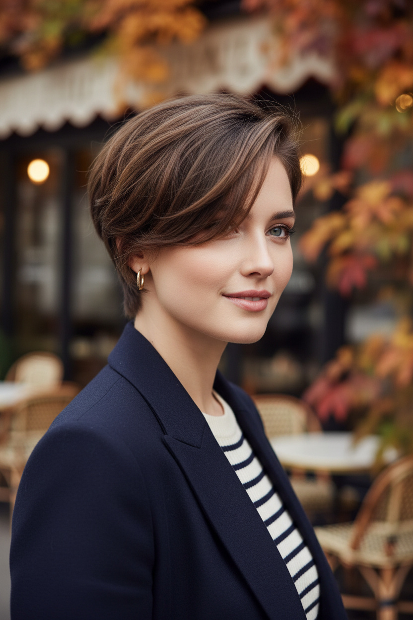 Upper-body close-up of a woman photographed from an effortless candid three-quarter angle, gaze directed slightly away from the lens, wearing a rich neutral brunette French-inspired side-part bixie with understated crown volume, softly undone layers and a long airy side-swept fringe, styled with a navy wool jacket, striped knit top and delicate gold earrings, outside a Parisian-style café framed by muted autumn foliage.