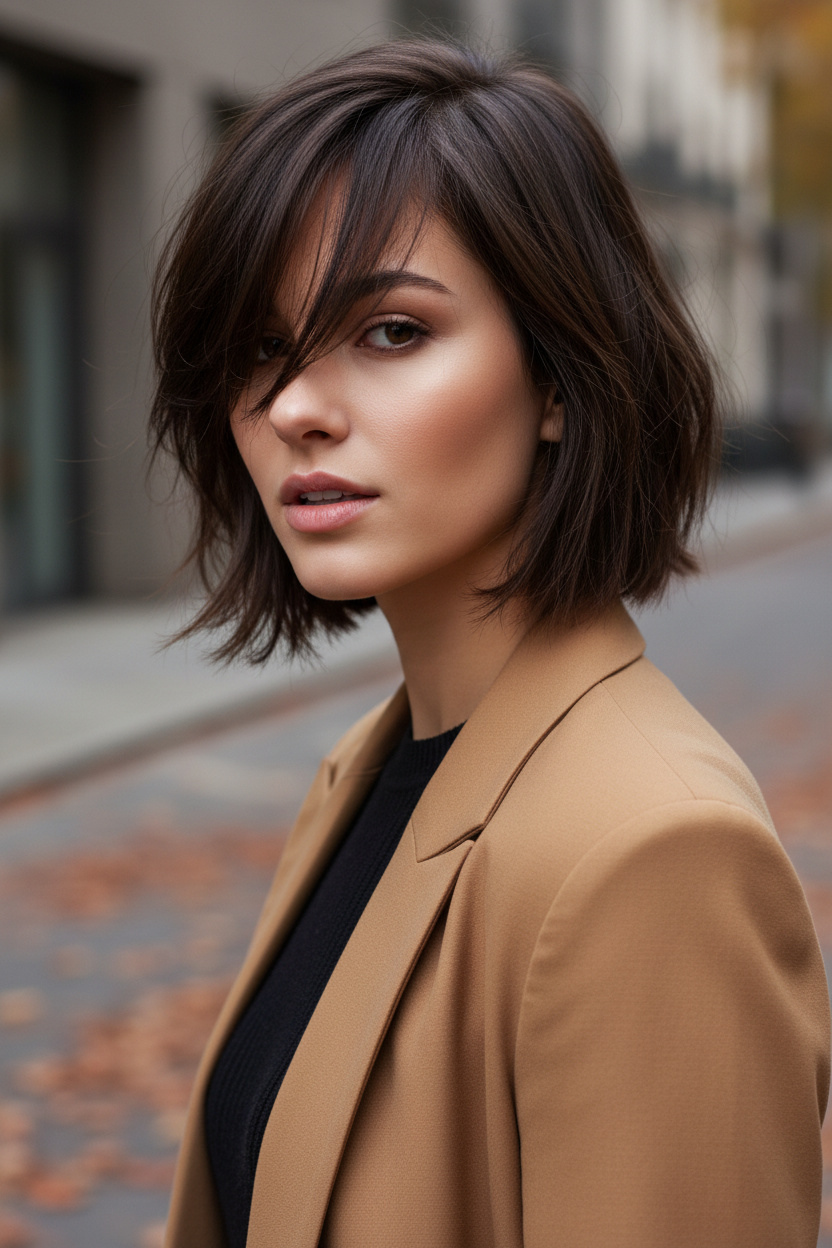 Upper-body close-up of a woman captured from a slightly lower three-quarter fashion angle, head subtly tilted with a confident neutral expression, featuring a deep brunette side-part bixie with defined piecey layers, separated ends and textured side-swept bangs, wearing a structured camel blazer over a black knit top, on a modern autumn city street with muted red and brown leaves.