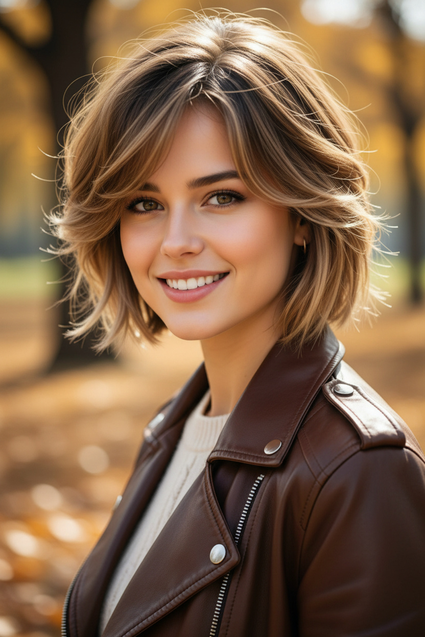 Upper-body close-up of a woman in a confident front-facing pose with one shoulder slightly angled toward the camera, wearing a golden bronde side-part bixie with lifted crown volume, softly curved side bangs and dimensional beige-gold highlights, styled with a chocolate-brown leather jacket over a cream knit, in a sunlit autumn park filled with golden foliage.