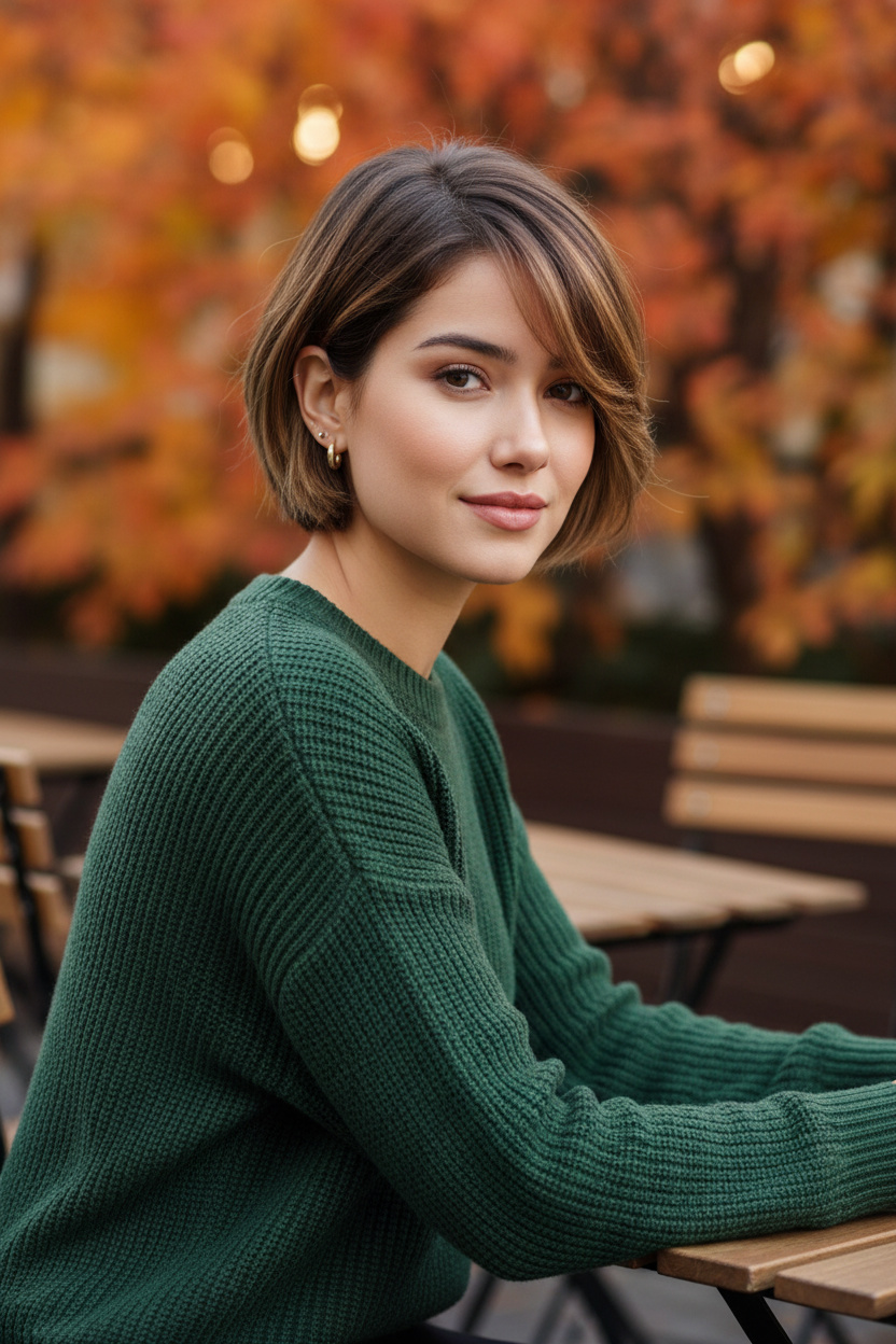 Upper-body close-up of a woman seated naturally at an outdoor café table, body angled slightly sideways while looking gently toward the camera, featuring a neutral dark-blonde side-part bixie with a light wispy fringe sweeping across the forehead and soft face-framing pieces, wearing a forest-green knit sweater with small gold hoop earrings, surrounded by warm autumn foliage and wooden café details.