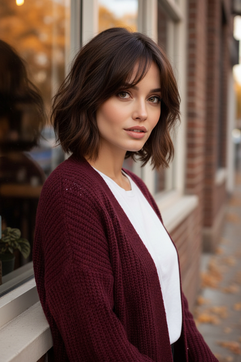 Upper-body close-up of a woman leaning casually against a café exterior, photographed from a relaxed three-quarter angle with a subtle natural smile, wearing a chestnut-brown tousled side-part bixie with separated wispy layers, textured crown volume and an imperfect sweeping fringe, paired with a burgundy cardigan and white crew-neck tee, in a cozy autumn street scene with fallen leaves.