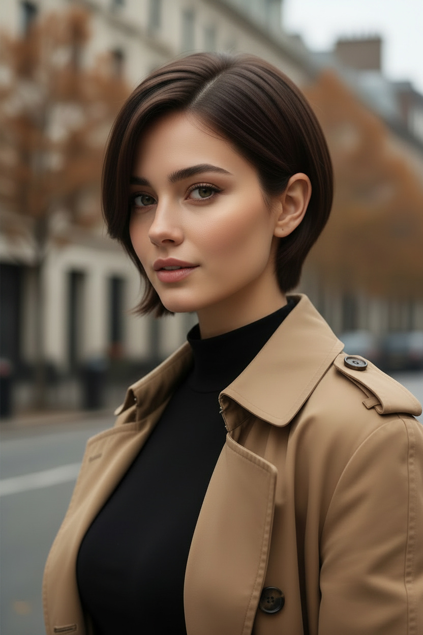 Upper-body close-up of a woman in an elegant near-profile pose with her face turned slightly toward the lens, wearing a glossy espresso-brown sleek bixie with a precise deep side part, smooth side-swept fringe and softly tucked ear-length layers, styled with a black mock-neck top and camel trench coat, against a refined fall city background with muted brown foliage.