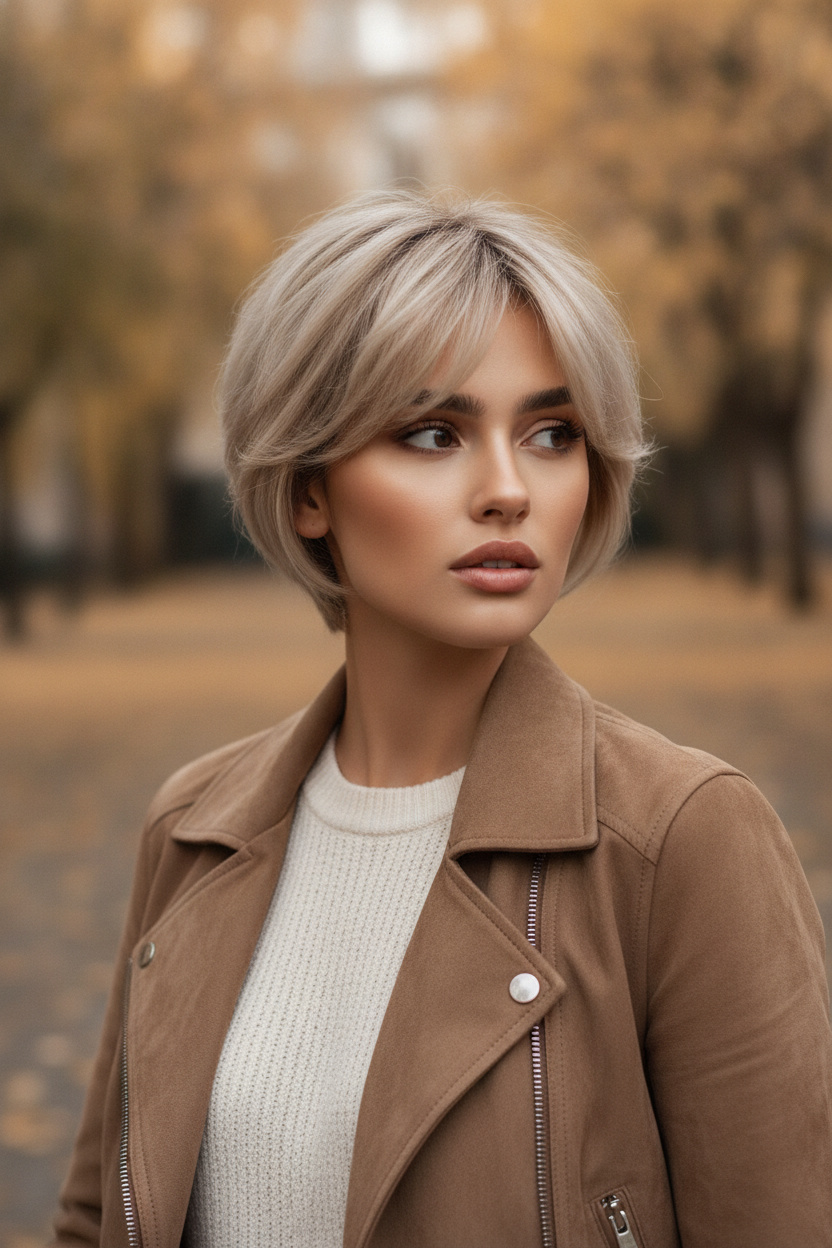 Upper-body close-up of a woman photographed from a slightly elevated three-quarter angle, shoulders relaxed and gaze softly directed away from the camera, featuring a creamy beige-blonde side-part bixie with delicate feathered layers, airy crown volume and wispy side bangs, wearing a taupe suede jacket over an ivory knit, in a softly lit autumn courtyard with pale golden foliage.