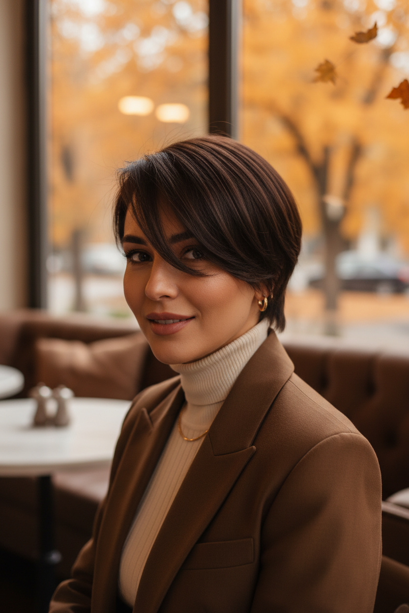 Upper-body close-up of a woman photographed from a soft front three-quarter angle, chin slightly lowered and eyes looking toward the camera, featuring a deep chocolate-brown bixie with a dramatic side part and long sweeping bangs, wearing a cream turtleneck under a tailored brown blazer, in an elegant autumn café setting with amber foliage outside.
