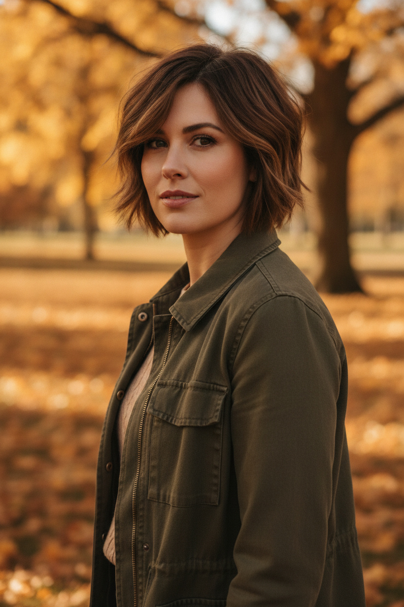 Upper-body close-up of a woman in a natural walking-inspired three-quarter pose, looking slightly past the camera, with a textured medium-brown side-part bixie enhanced by dimensional caramel highlights and piecey feathered layers, wearing an olive utility jacket over a fine beige knit top, surrounded by an autumn park with golden maple leaves.