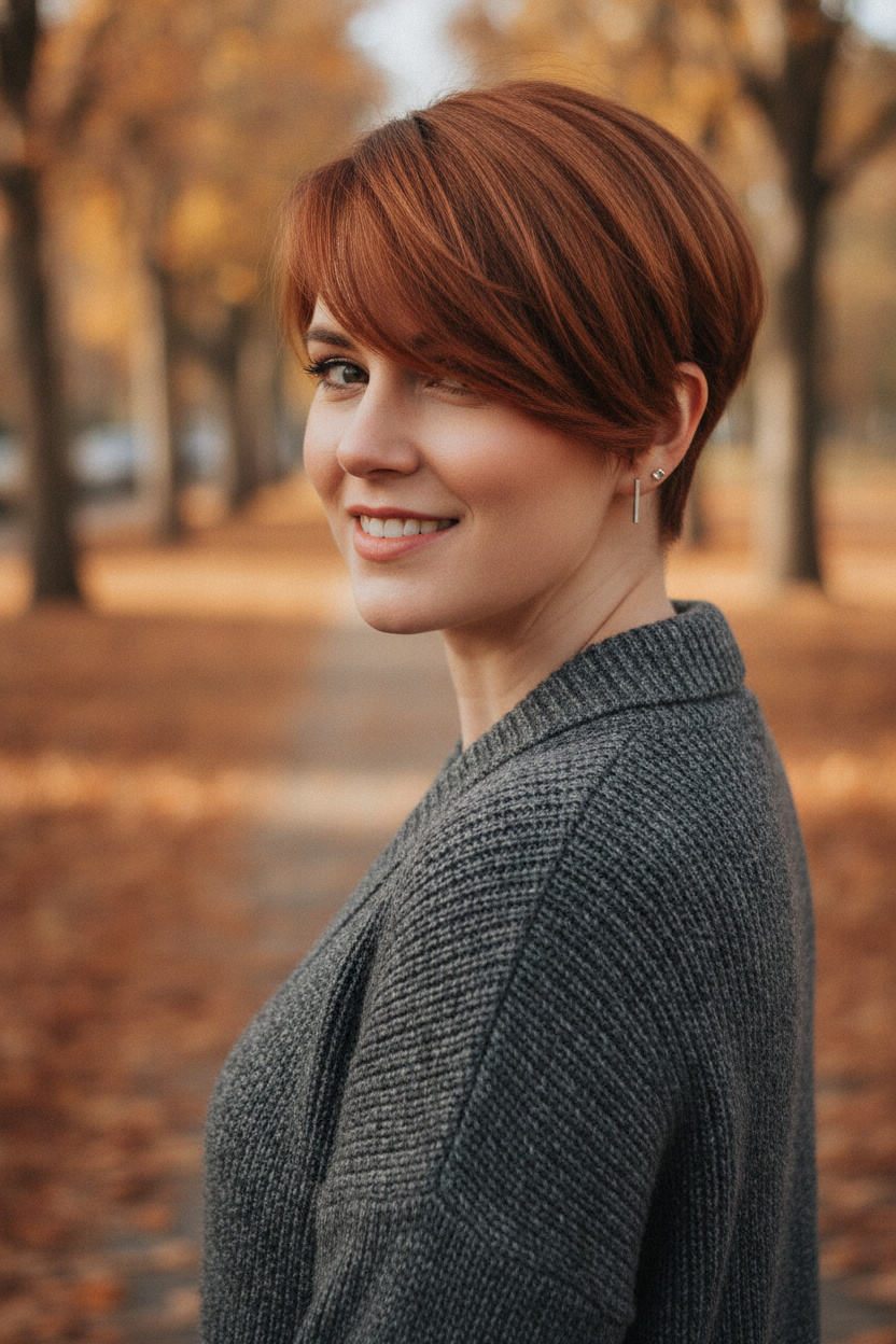 Upper-body close-up of a woman in a confident side-facing three-quarter pose, head gently turned back toward the camera, wearing a rich copper side-part bixie with soft crown volume, wispy side-swept fringe and tapered layers around the nape, paired with a charcoal-gray knit cardigan and minimalist earrings, on a tree-lined autumn sidewalk covered with rust-colored leaves.