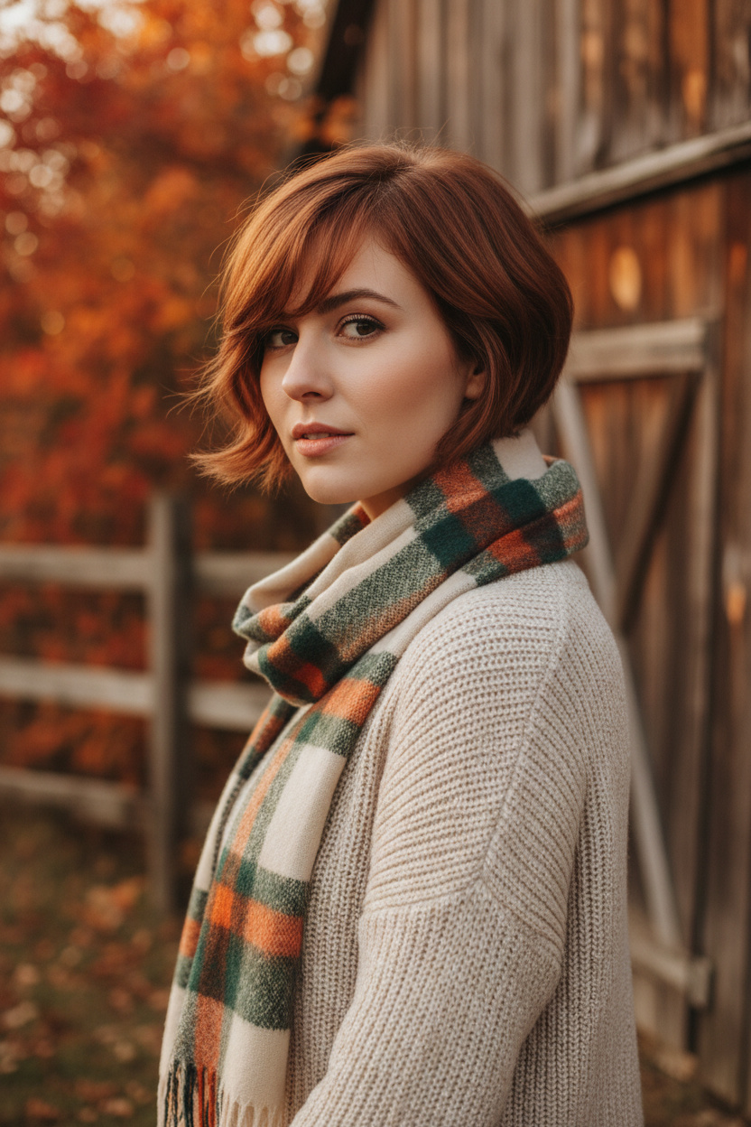 Upper-body close-up of a woman standing in a relaxed profile-inspired pose with her face gently turned toward the camera, wearing a soft auburn side-part bixie with airy curved layers, subtle side-swept bangs and a softly tapered nape, paired with an oatmeal knit sweater and plaid wool scarf, in a rustic autumn setting with deep orange leaves and warm wooden textures.