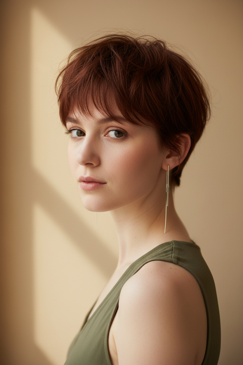 Primer plano del torso de una mujer con un Pixie Whisper Fringe despeinado auburn, fotografiado desde un ángulo relajado cerca del perfil con el cuerpo girado hacia un lado y la cara girada suavemente hacia la cámara, con una textura de coronilla suavemente despeinada, un flequillo irregular fino como un susurro que cae naturalmente sobre la frente y extremos delicadamente cónicos alrededor de las orejas, vistiendo un top de verano sin mangas de color oliva apagado con pendientes colgantes minimalistas, sobre una pared limpia de color beige cálido con luz de ventana suave y peinado minimalista.
