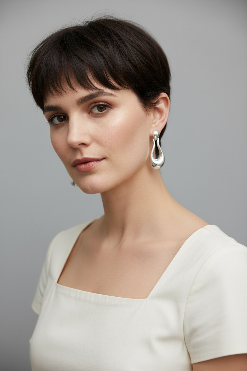 Primer plano del torso de una mujer con un Pixie Micro-Whisper Fringe castaño profundo, fotografiado casi de frente con un ángulo de hombro sutil y una mirada confiada y relajada hacia la cámara, con un flequillo micro vaporoso ultraligero que flota sobre y a través de la parte superior de la frente, capas de coronilla cortas suavemente texturizadas y lados precisamente cónicos, vistiendo un top de verano minimalista de color marfil con cuello cuadrado y pendientes escultóricos de plata, fotografiado contra un fondo de estudio limpio de color gris suave con luz natural difusa.
