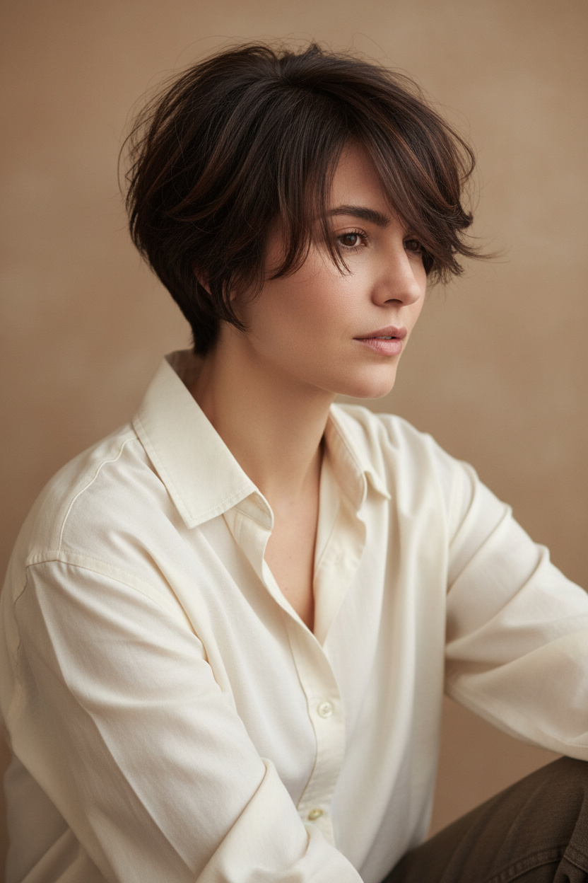 10. 浓郁棕色凌乱层次Bixie 一位女性上半身特写,处于放松的坐姿,一侧肩膀略微下垂,从微妙的四分之三角度拍摄,展示了**浓郁棕色凌乱柔和层次感Bixie短发**,头顶纹理松散,羽毛状层次略显凌乱,带有修饰脸型的发丝和短颈部。她穿着一件象牙白宽松衬衫,领口随意敞开,背景为温暖的中性色极简主义墙面。