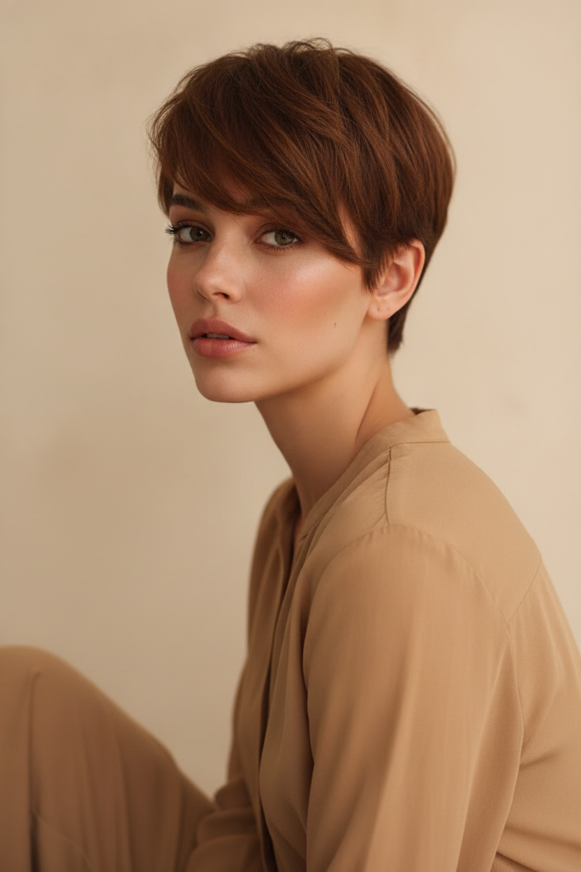 Retrato en primer plano del torso de una mujer sentada con un hombro ligeramente hacia adelante, fotografiada desde un ángulo lateral de tres cuartos favorecedor. Su **corte pixie suave castaño marrón** presenta una raya lateral definida, un flequillo largo barrido hacia un lado, una coronilla suavemente estratificada y una nuca cuidadosamente afilada. Lleva una blusa ligera color camello adecuada para la transición de finales de verano a principios de otoño, contra una pared minimalista de color crema cálido.