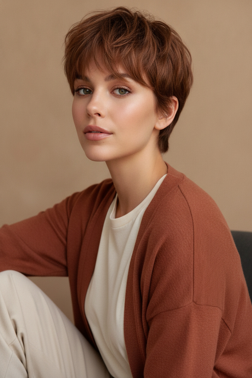 Primer plano del torso de una mujer sentada casualmente con la barbilla ligeramente levantada, fotografiada desde un ángulo suave de tres cuartos a la altura de los ojos. Lleva un **corte pixie vaporoso marrón canela** con un delicado flequillo separado, capas en la coronilla suavemente despeinadas, lados afilados y una textura emplumada ligera. Su atuendo de transición incluye una camiseta color crema suave bajo un cárdigan ligero color óxido, sobre un fondo minimalista neutro cálido.