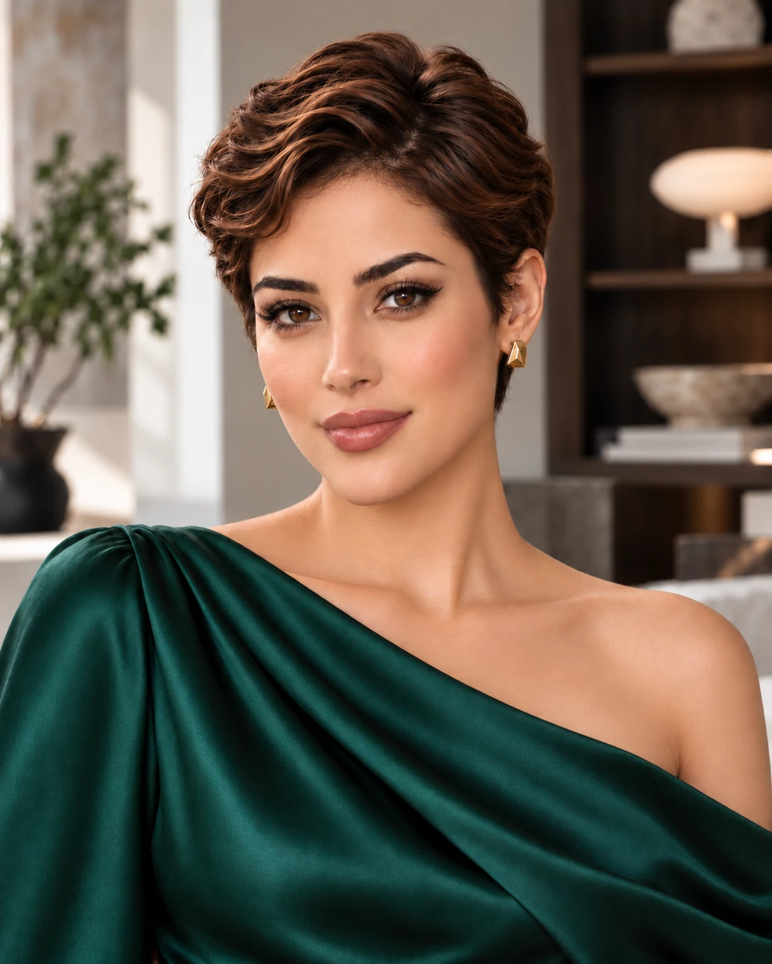 امرأة بشعر بيكسي كستنائي يتميز بتموجات منحوتة عبر تاج الرأس، وجوانب قصيرة وأذن مكشوفة. ترتدي بلوزة خضراء داكنة بكتف واحد وأقراطاً هندسية ذهبية صغيرة في تصميم داخلي بإضاءة ناعمة.