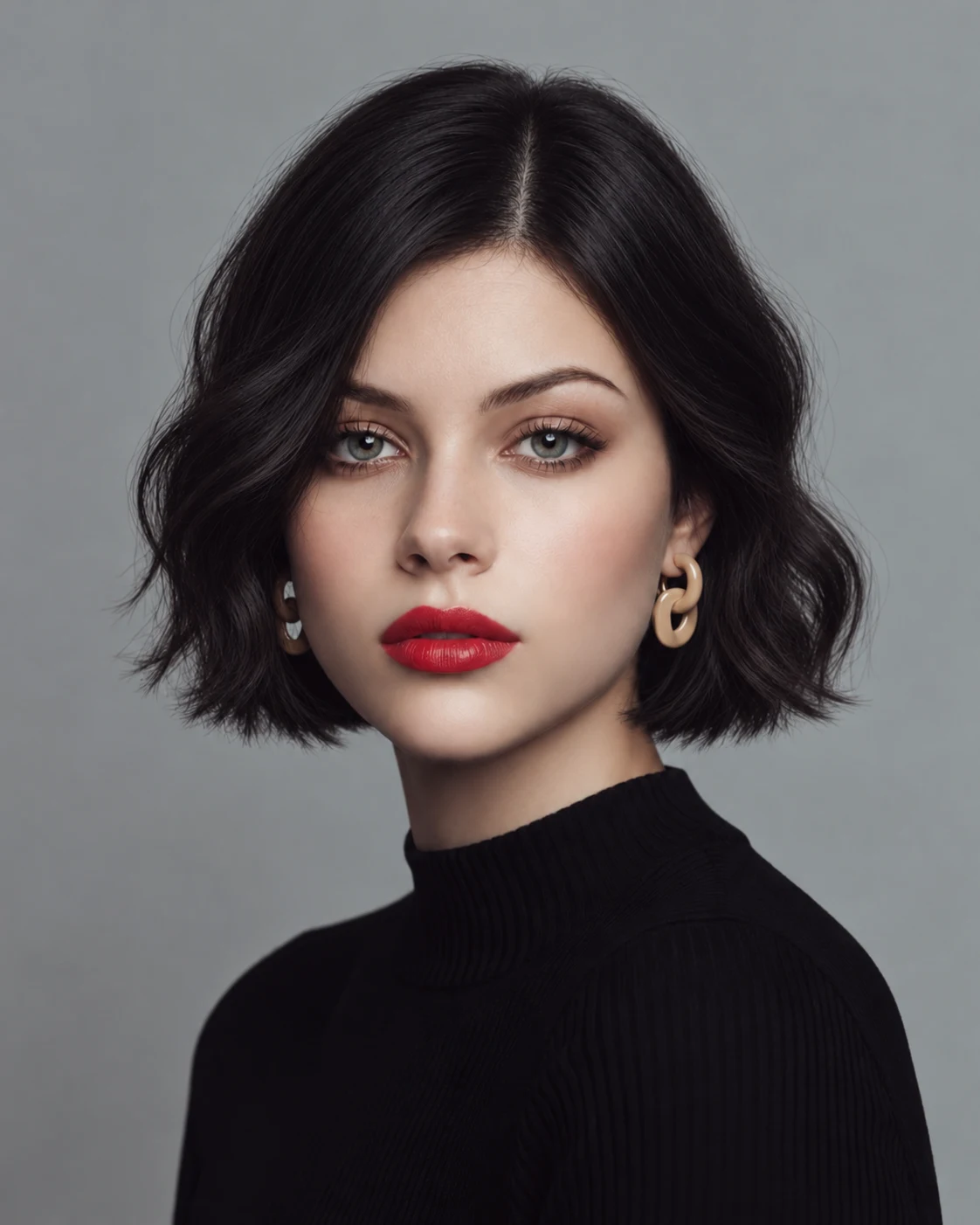 Woman with a near-black espresso chin-length bob styled in loose soft waves and lightly separated ends, with gray-green eyes, red lipstick, gold earrings, and a black turtleneck against a gray background.
