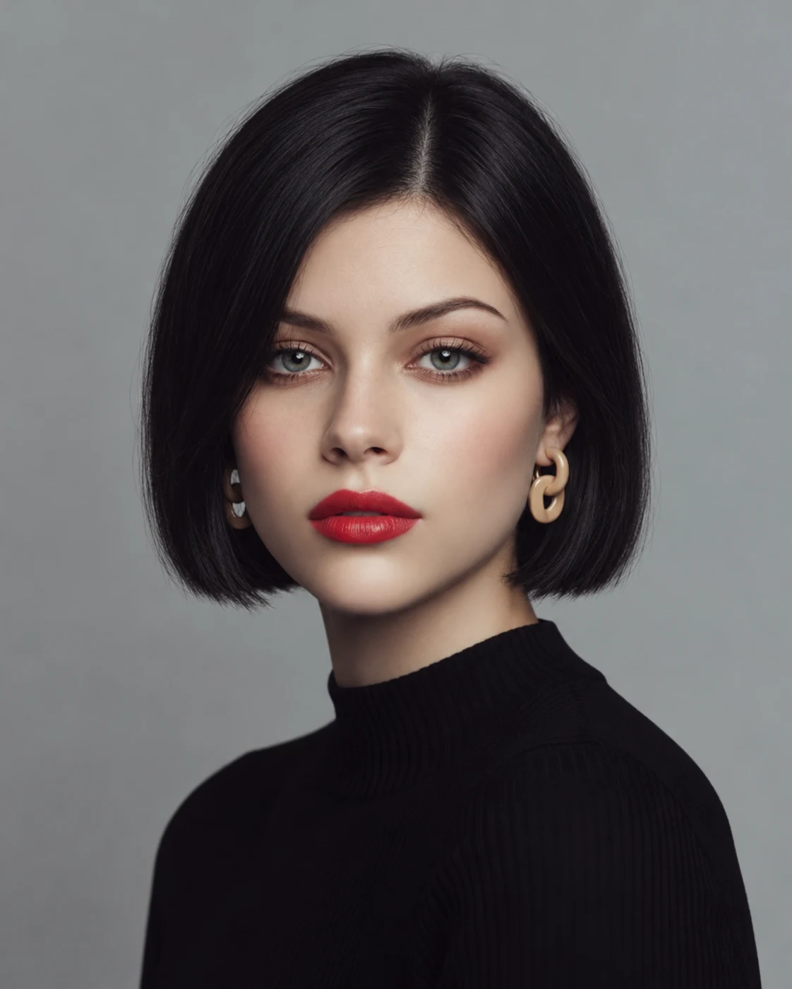 Near-frontal portrait of a woman with a sleek near-black espresso chin-length bob, a near-center part, and softly inward-curved ends, wearing red lipstick, gold earrings, and a black ribbed turtleneck against a gray background.