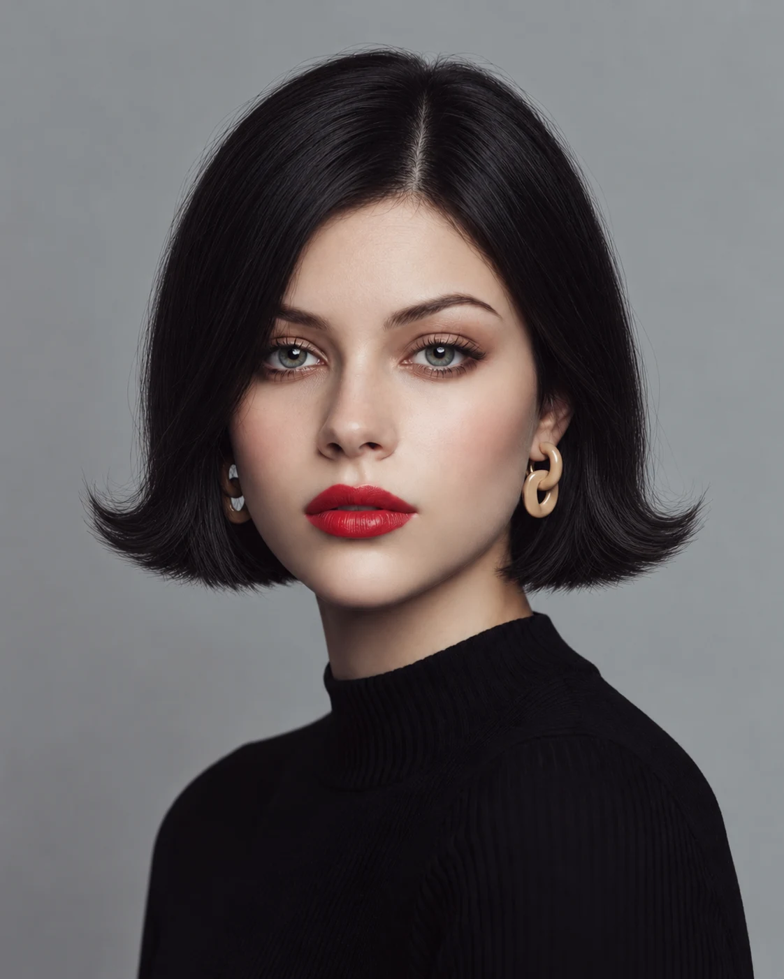 Woman with a smooth near-black espresso bob and distinctly outward-flipped ends at jaw level, a near-center part, red lips, gold earrings, and a black high-neck knit against a gray background.