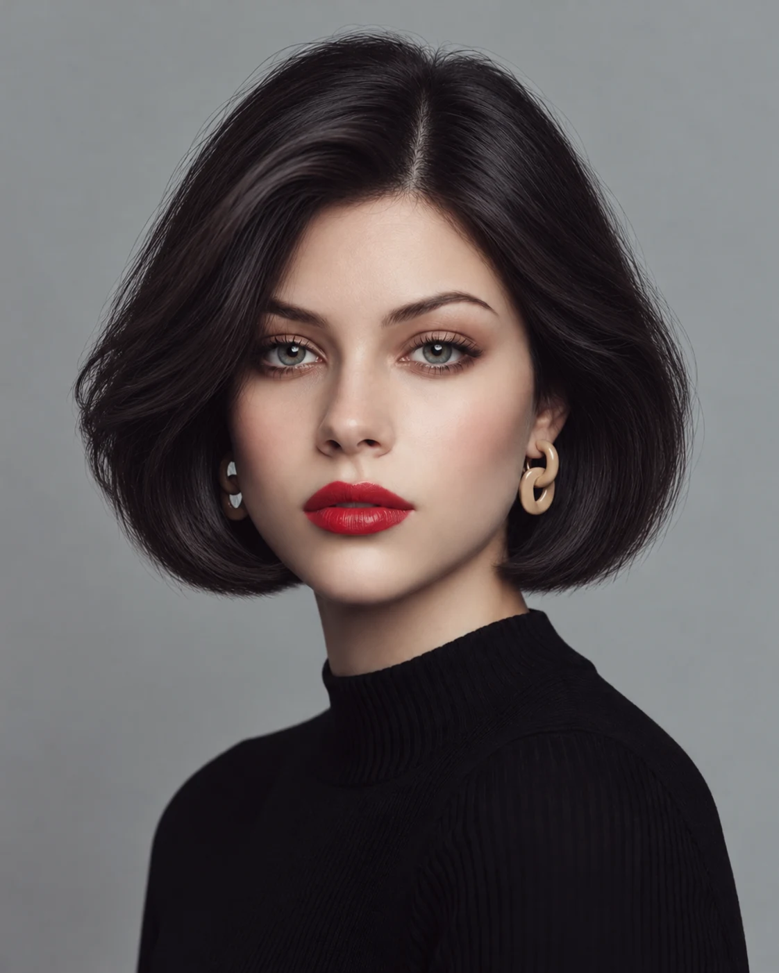 Woman with a voluminous near-black espresso bob, lifted roots, rounded sides, and inward-curved blowout ends, wearing red lipstick, sculptural gold earrings, and a black ribbed turtleneck against gray.