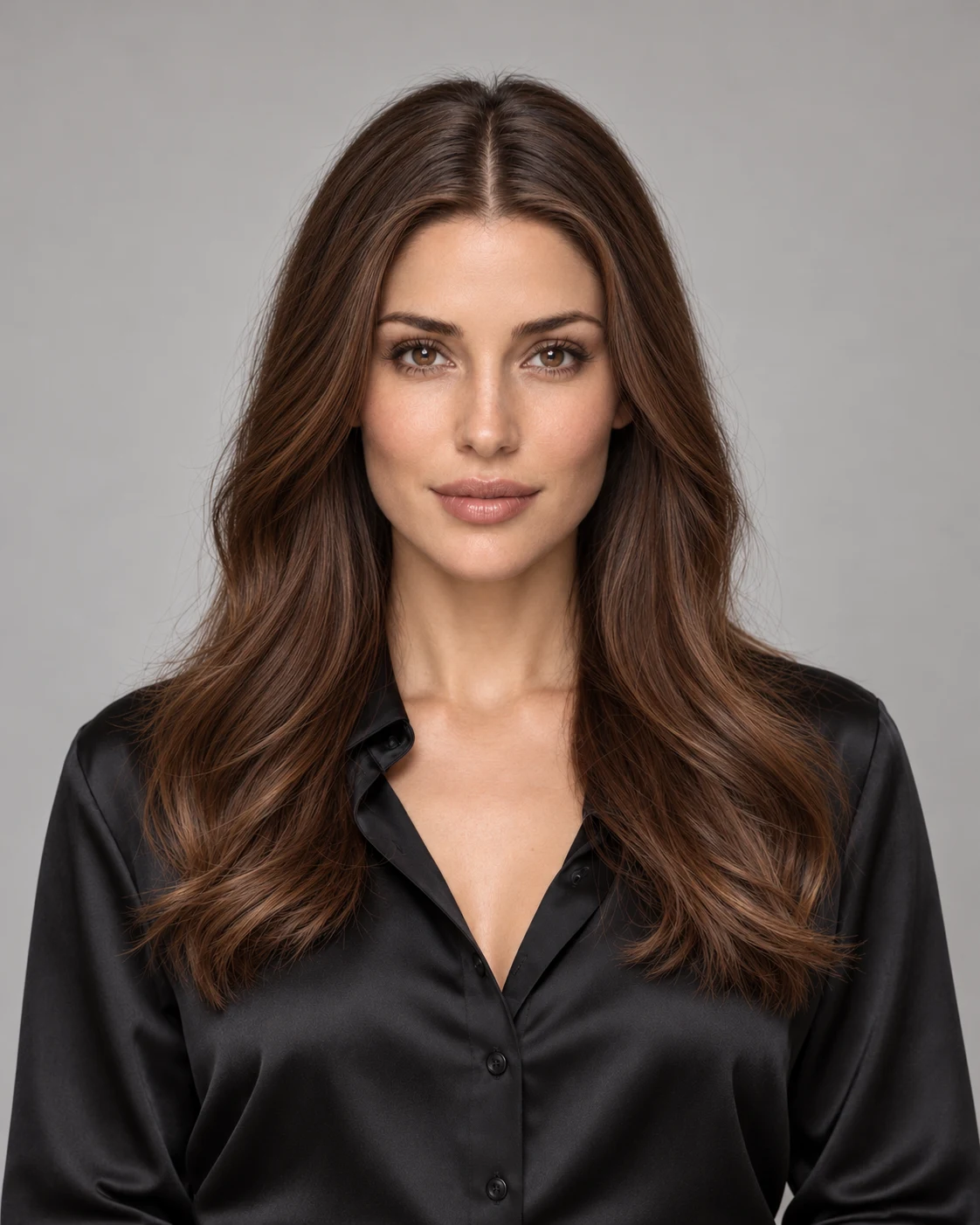 Eine nach vorne gerichtete Frau mit kastanienbraunem, brustlangem Haar, einem definierten Mittelscheitel und weichen Wellen, die eine schwarze Seidenbluse vor einem warmgrauen Studiohintergrund trägt.