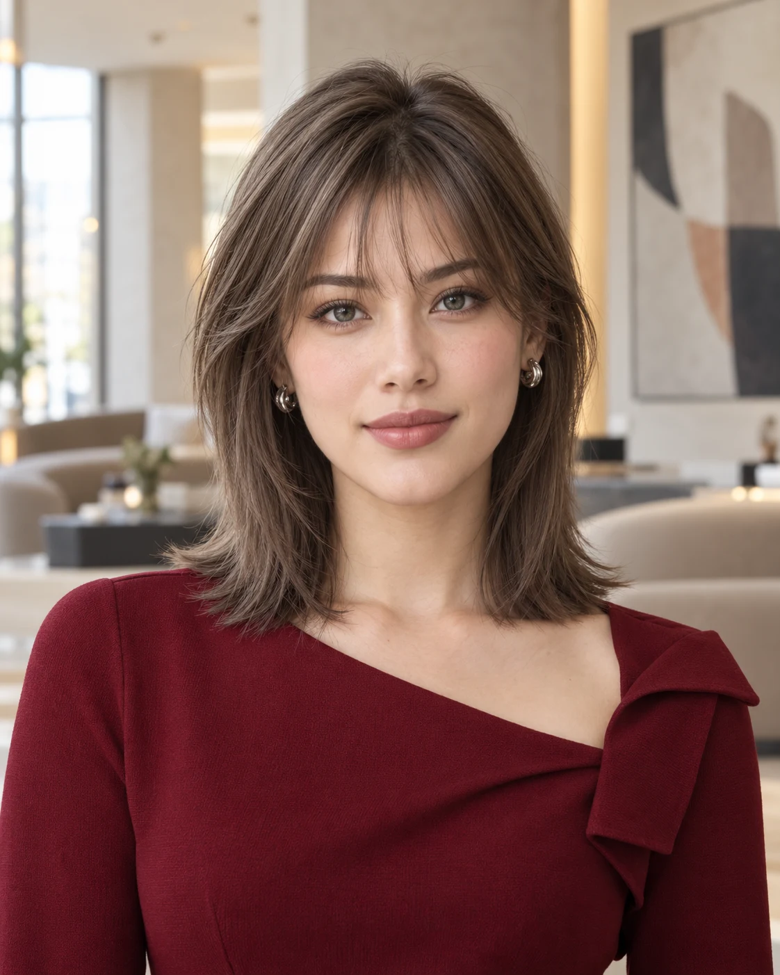 一位正面朝向的女性，留着灰棕色直发中长碎发，细刘海，修饰脸型层次和轻微羽毛状肩部长度发尾，身穿酒红色不对称领上衣，佩戴银色耳环，背景是一个现代休息室。
