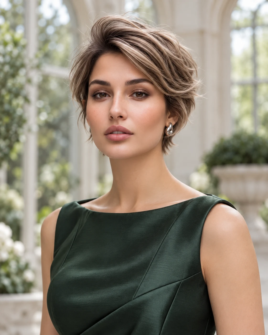 Mujer con un Bixie Bronde dimensional, capas emplumadas voluminosas de lado y una parte posterior corta, vistiendo un top verde bosque en un interior de vidrio y vegetación suavemente borroso.
