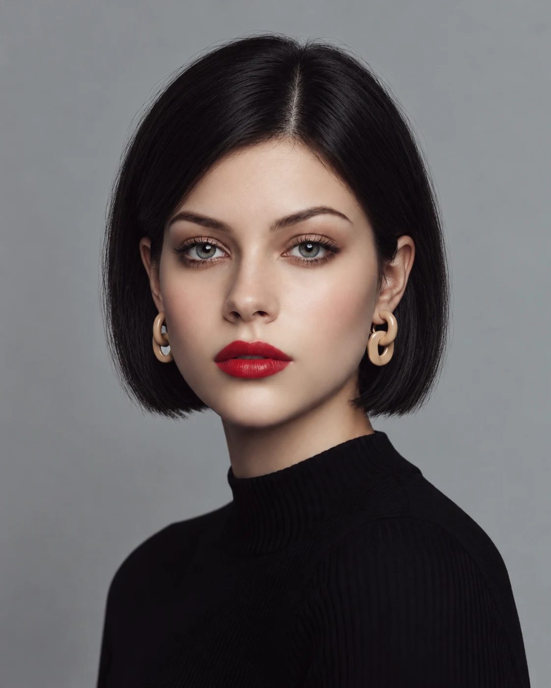 Woman with a dry smooth near-black espresso bob tucked behind both ears, a visible near-center part, exposed gold earrings, red lipstick, and a black ribbed turtleneck against gray.