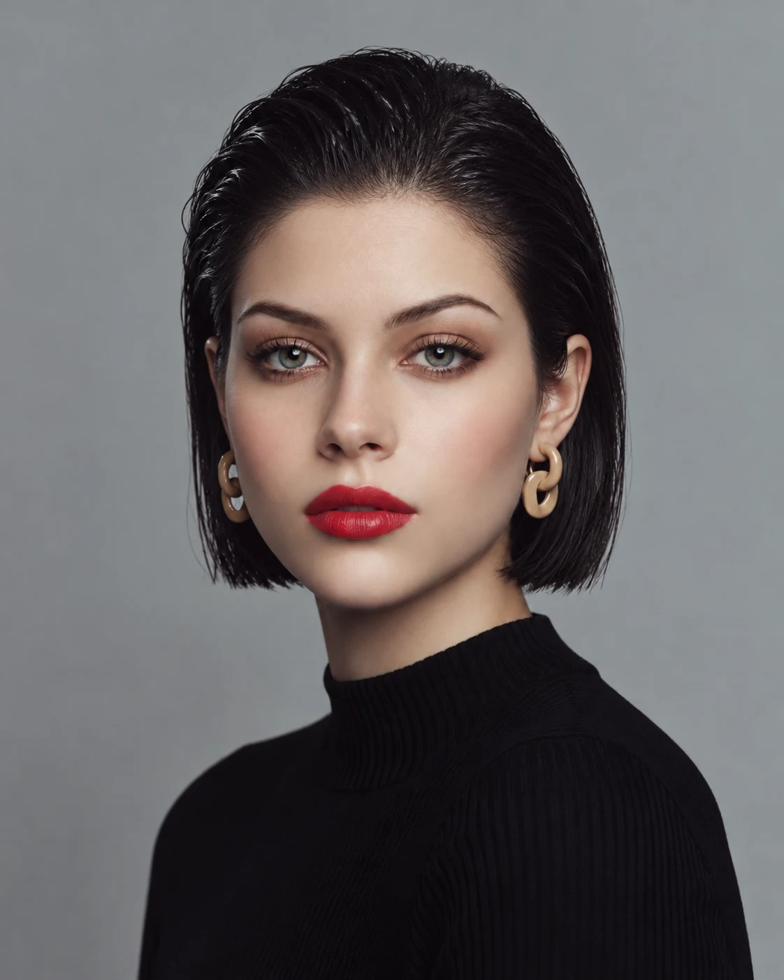 Woman with a glossy wet-look espresso bob swept back from the forehead and behind the ears, with chin-length ends visible, red lipstick, gold earrings, and a black turtleneck against gray.